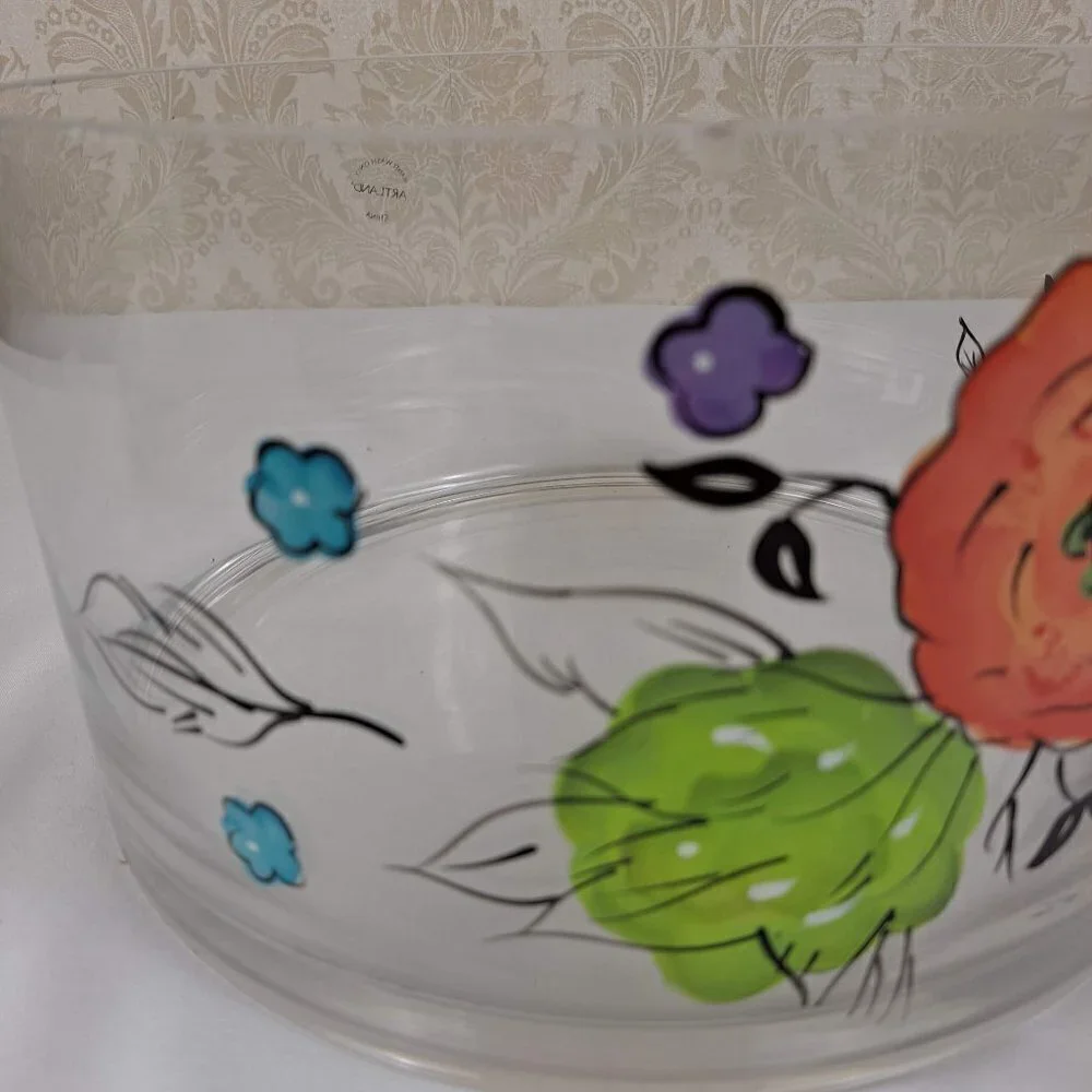 Artland Laurie Gates Clear Glass Bowl with Multi Color Hand Painted Flowers